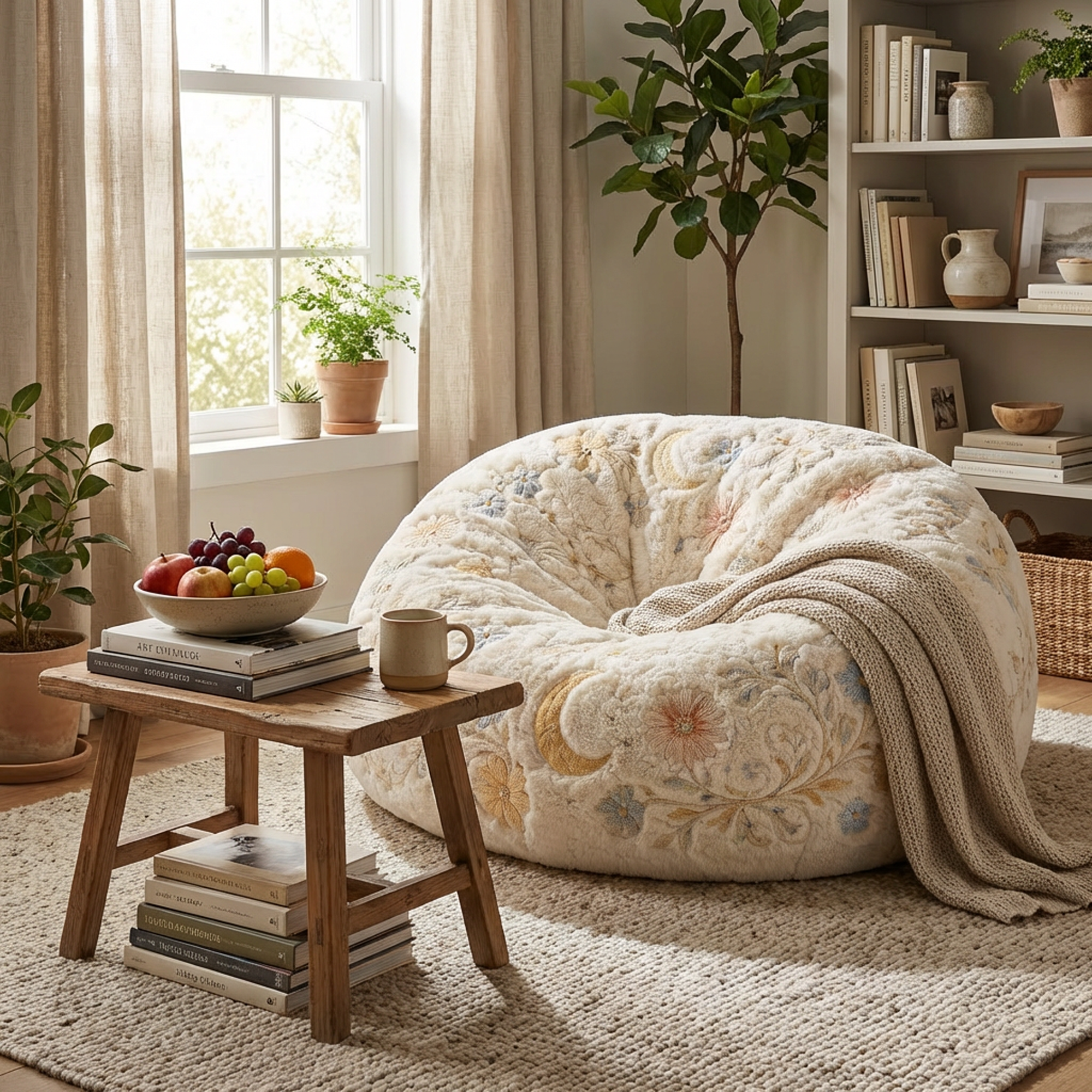 Cream Floral Embroidered Bean Bag Chair