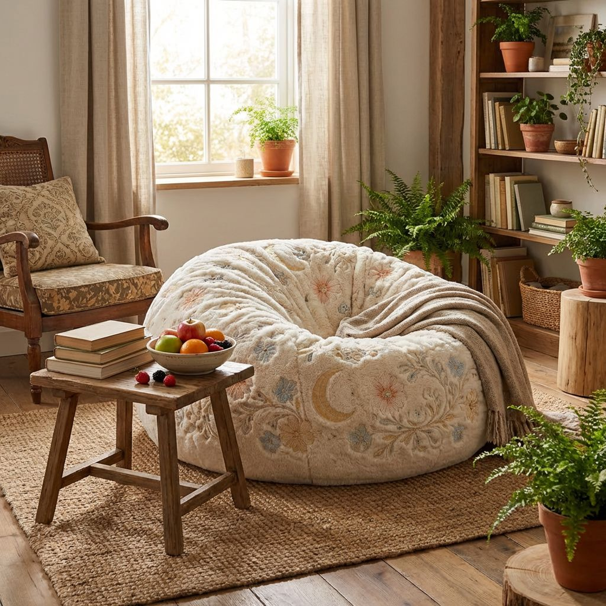 Cream Floral Embroidered Bean Bag Chair