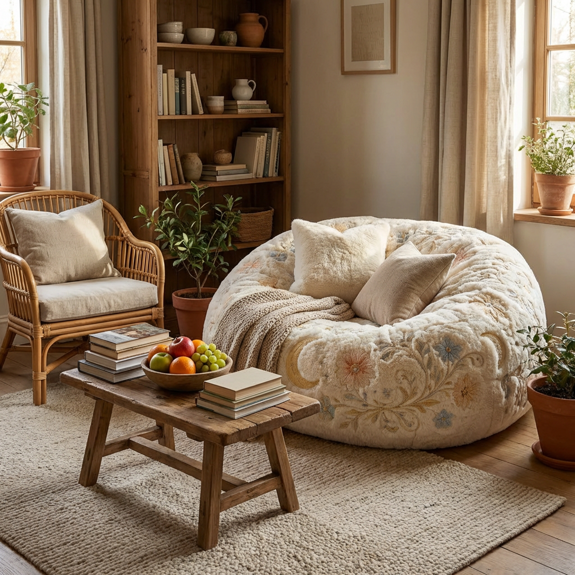 Cream Floral Embroidered Bean Bag Chair